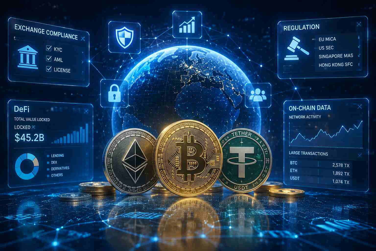 全球数字资产与区块链金融科技融合场景，展示交易所合规、链上数据分析与DeFi生态的可视化科技图景