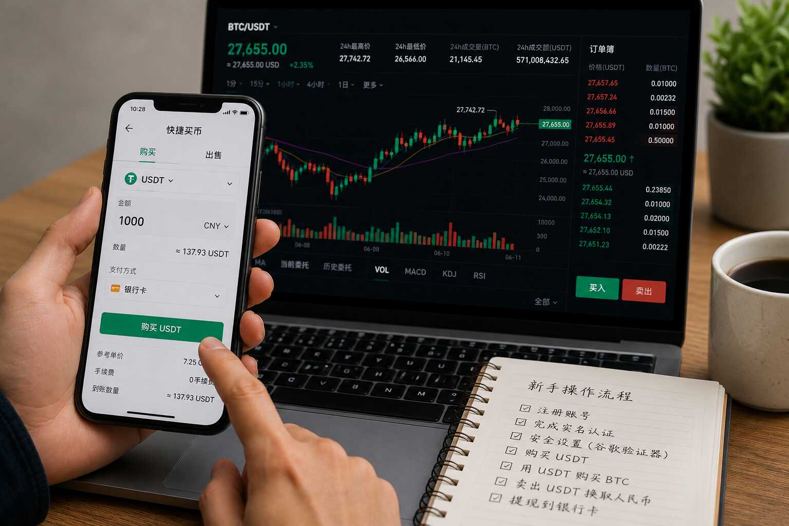 数字货币新手实操配图,展示USDT购买页面、BTC交易界面和新手买币流程清单 数字货币新手实操配图,展示USDT购买页面、BTC交易界面和新手买币流程清单