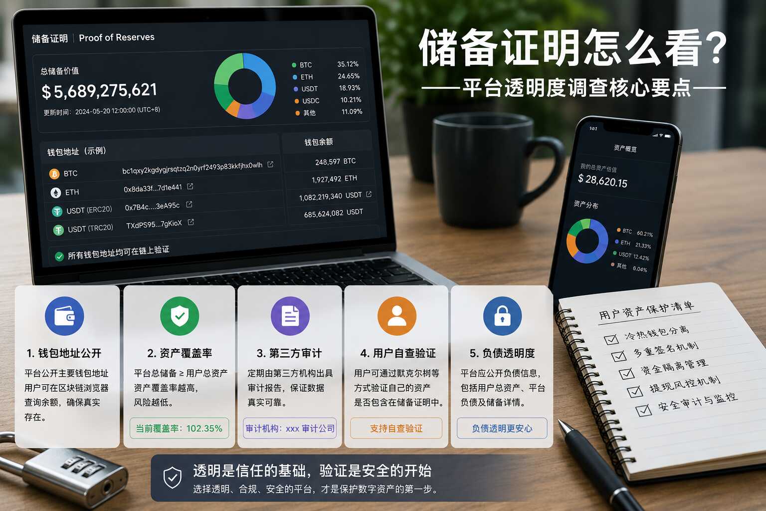 数字资产平台透明度配图,展示储备证明验证、资产覆盖率、合规审计文件和用户资产保护清单 数字资产平台透明度配图,展示储备证明验证、资产覆盖率、合规审计文件和用户资产保护清单