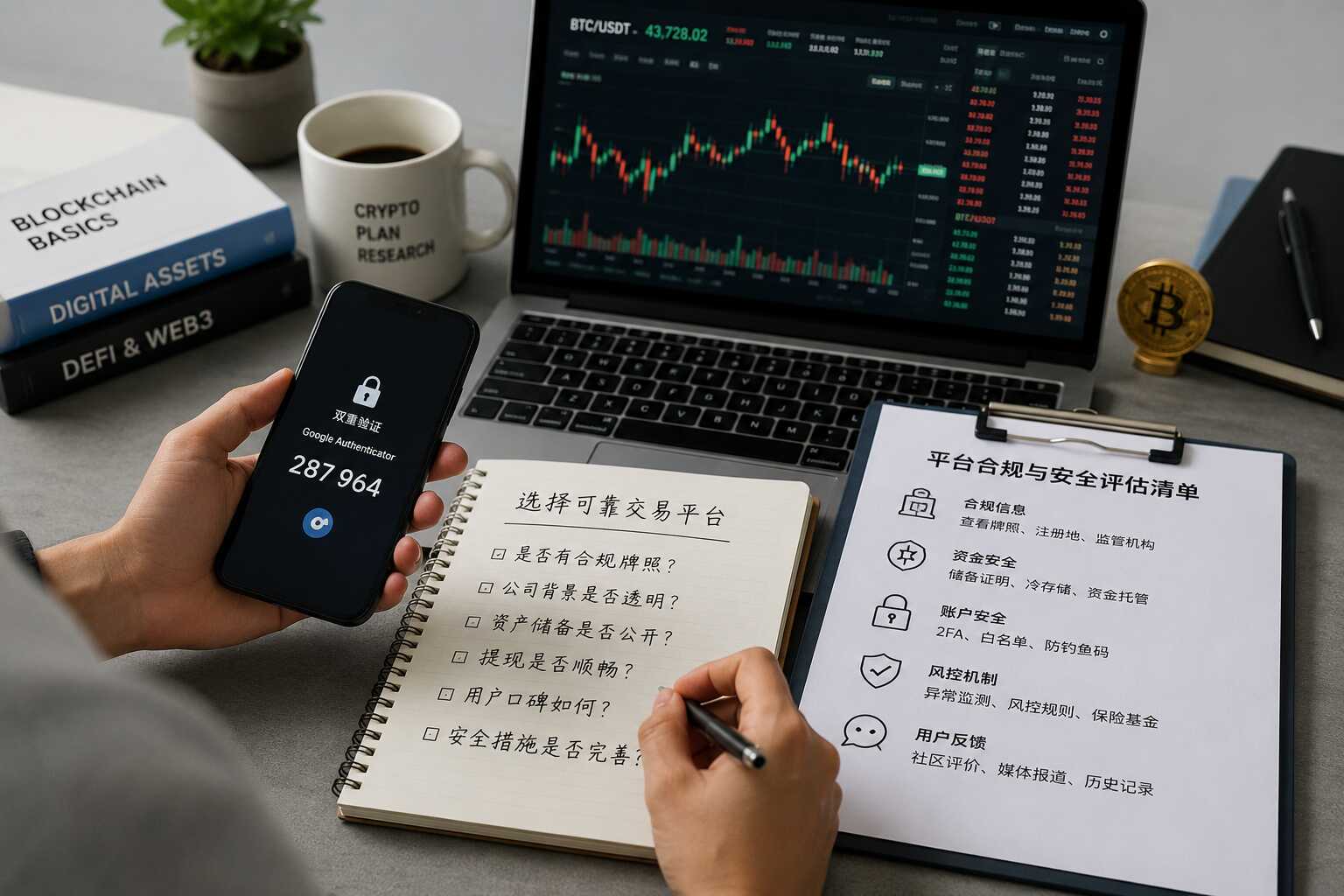 加密货币平台安全评估配图，展示合规信息核查、账户双重验证、资产行情面板和新手平台筛选清单