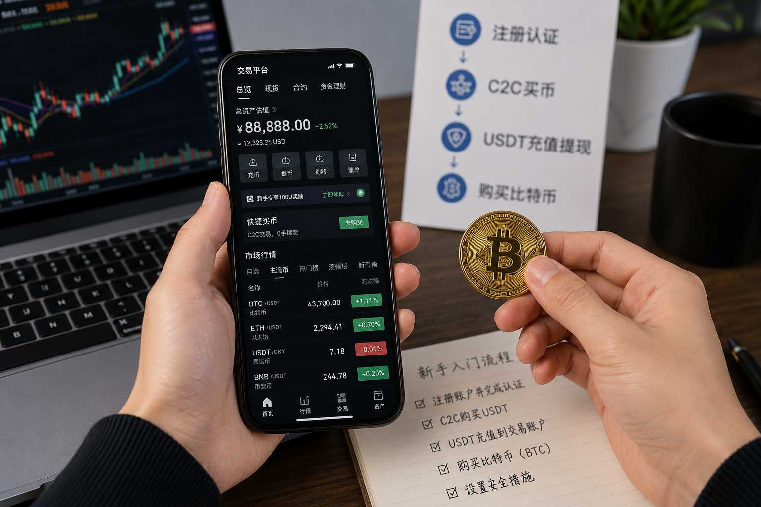 数字资产平台新手操作配图，展示C2C买币、USDT充值提现、比特币购买流程、手机交易界面和新手入门步骤清单