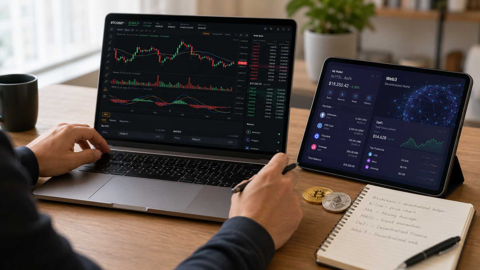 用户通过电脑学习K线、MA均线、MACD、DeFi与Web3基础概念 用户通过电脑学习K线、MA均线、MACD、DeFi与Web3基础概念