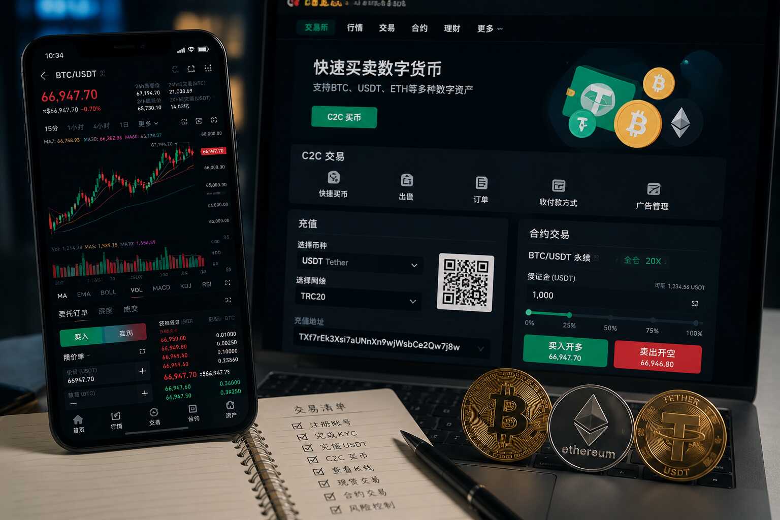 加密交易平台操作界面、BTC交易、USDT充值提现与C2C买币流程展示 加密交易平台操作界面、BTC交易、USDT充值提现与C2C买币流程展示