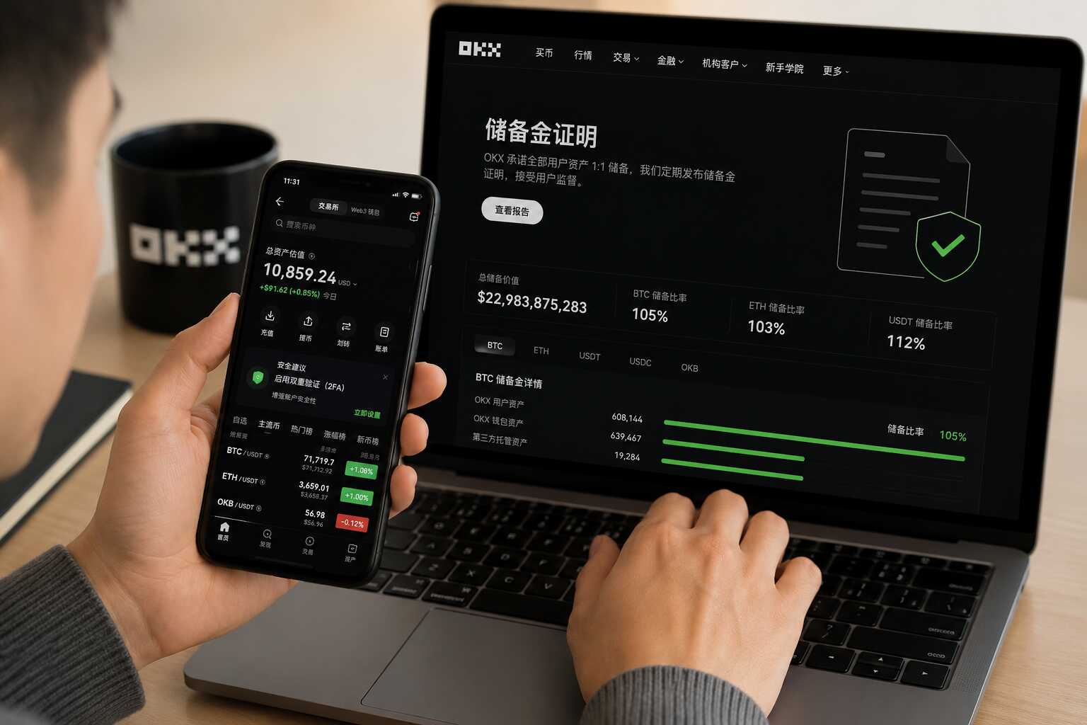 用户查看OKX账户安全设置与BTC、ETH、USDT资产储备证明 用户查看OKX账户安全设置与BTC、ETH、USDT资产储备证明