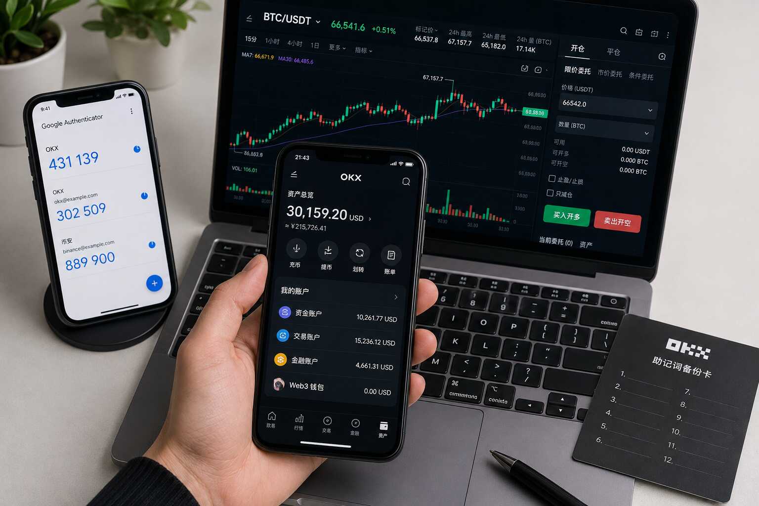 用户查看OKX账户、谷歌验证器、BTC K线与Web3钱包安全设置 用户查看OKX账户、谷歌验证器、BTC K线与Web3钱包安全设置