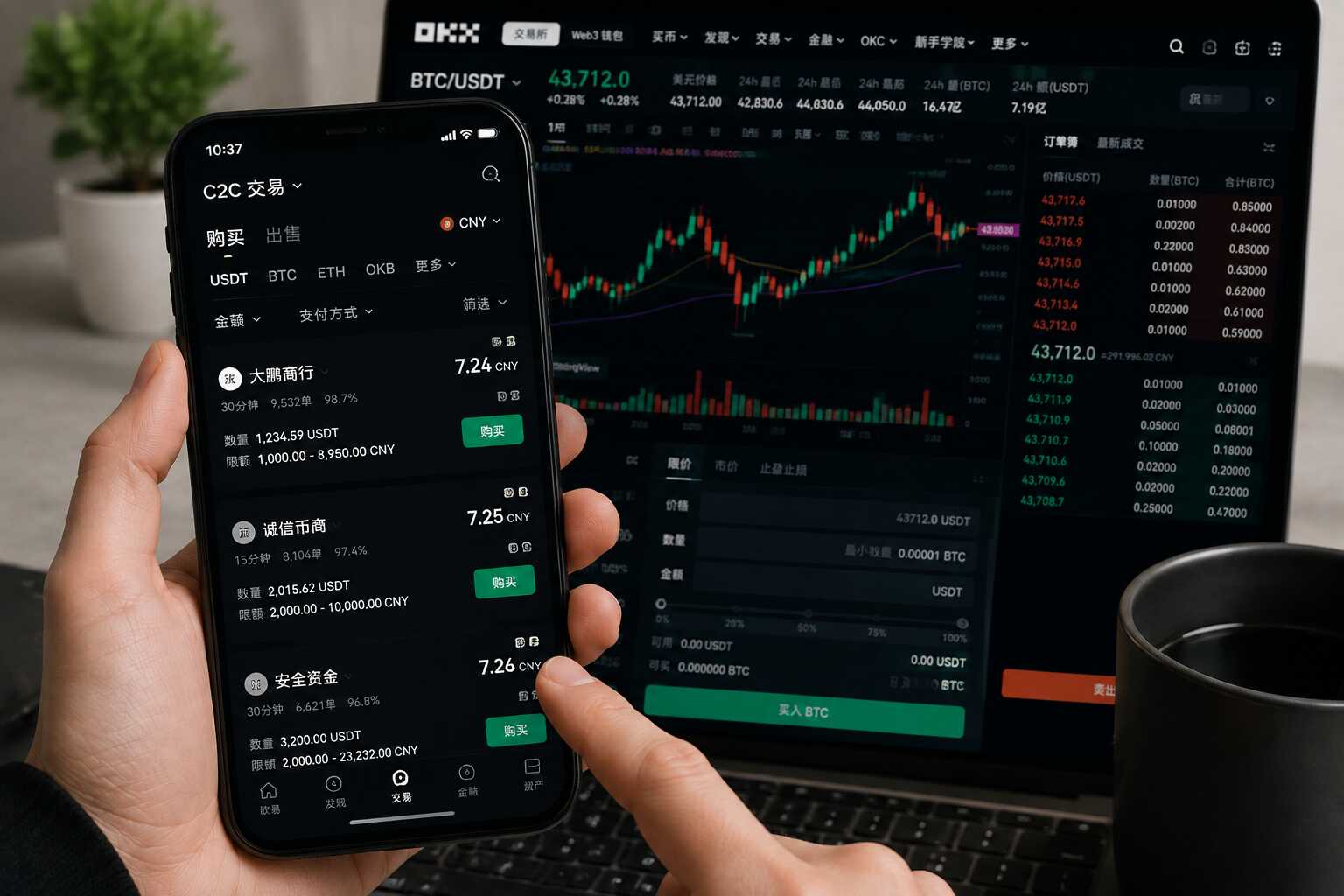 用户通过OKX C2C购买USDT并查看BTC现货交易行情 用户通过OKX C2C购买USDT并查看BTC现货交易行情