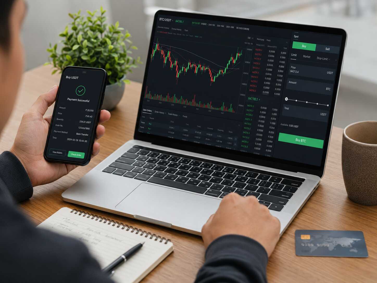 用户完成USDT购买后查看BTC/USDT现货K线并准备下单 用户完成USDT购买后查看BTC/USDT现货K线并准备下单