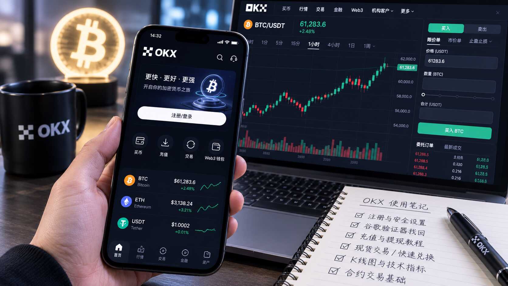 用户通过OKX手机端和电脑端查看账户功能、比特币K线、现货交易与合约基础操作场景 用户通过OKX手机端和电脑端查看账户功能、比特币K线、现货交易与合约基础操作场景