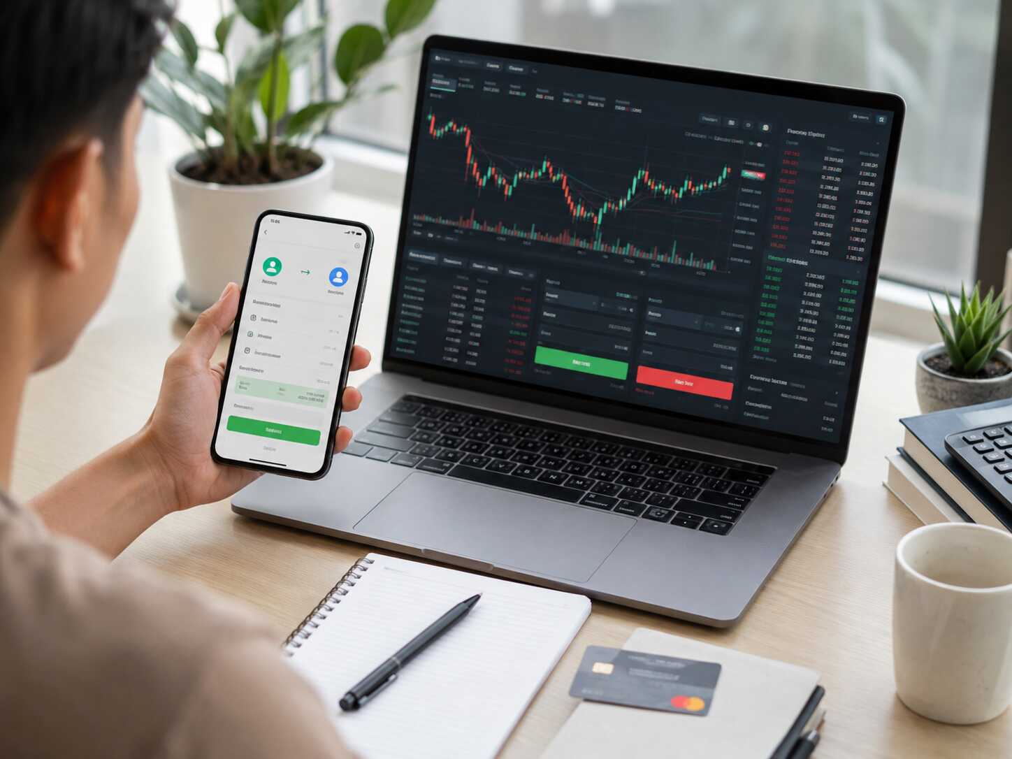 用户通过手机和电脑进行USDT C2C买卖并查看加密货币交易行情与账户资金信息 用户通过手机和电脑进行USDT C2C买卖并查看加密货币交易行情与账户资金信息