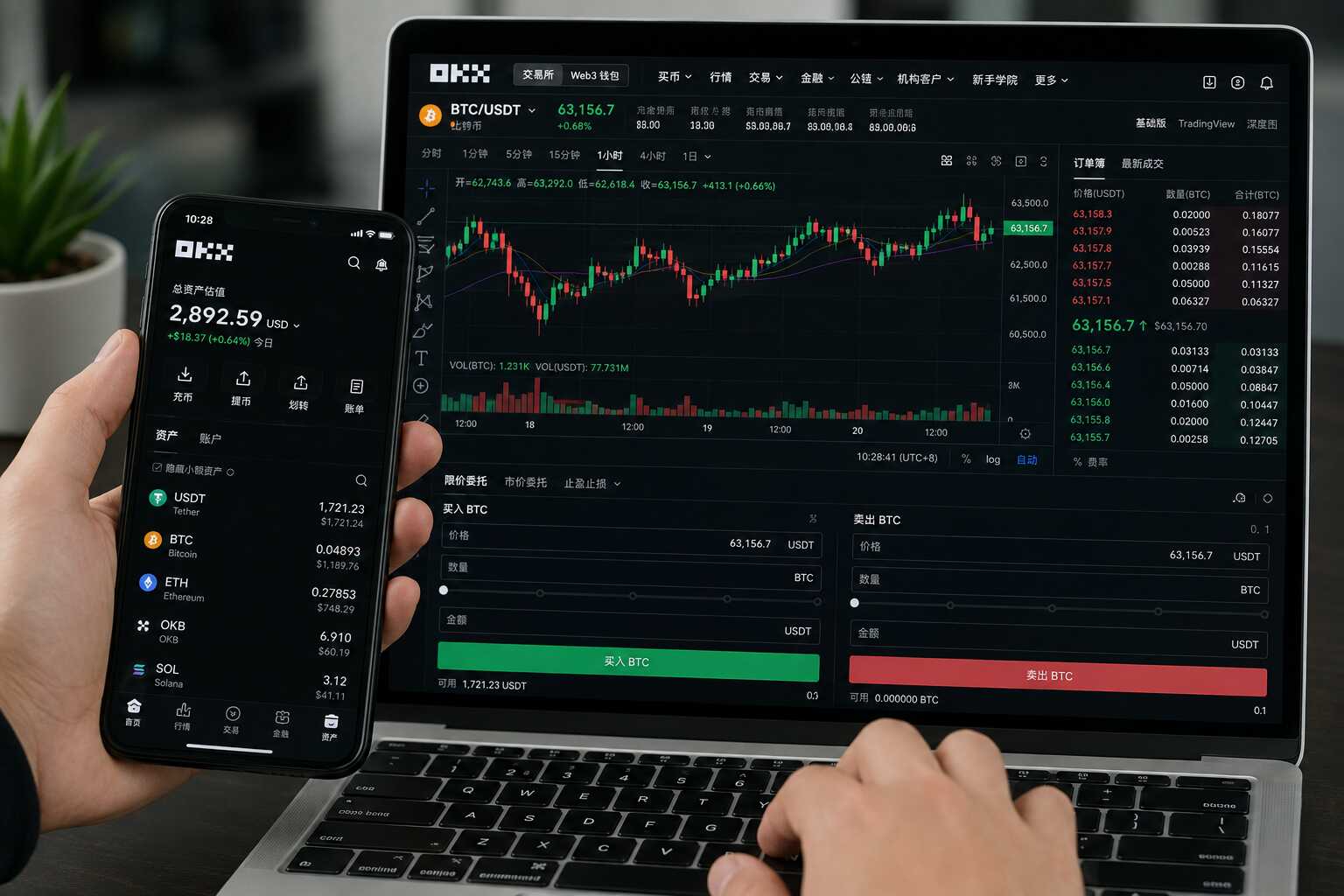 用户通过手机查看OKX账户资产，并在电脑端分析BTC/USDT K线、订单簿和现货交易数据