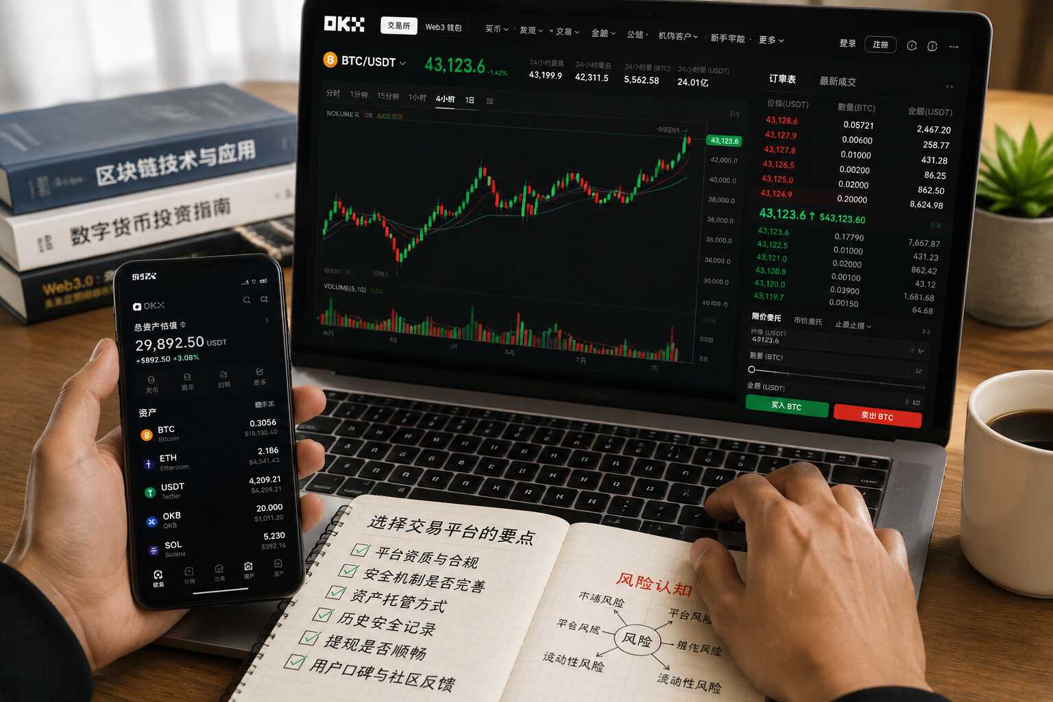 用户在电脑和手机上查看数字资产交易平台界面,屏幕展示比特币行情、USDT资产和交易数据,桌面笔记记录平台安全机制、资产托管和风险识别要点,体现加密货币新手判断交易平台可靠性的学习场景。 用户在电脑和手机上查看数字资产交易平台界面,屏幕展示比特币行情、USDT资产和交易数据,桌面笔记记录平台安全机制、资产托管和风险识别要点,体现加密货币新手判断交易平台可靠性的学习场景。