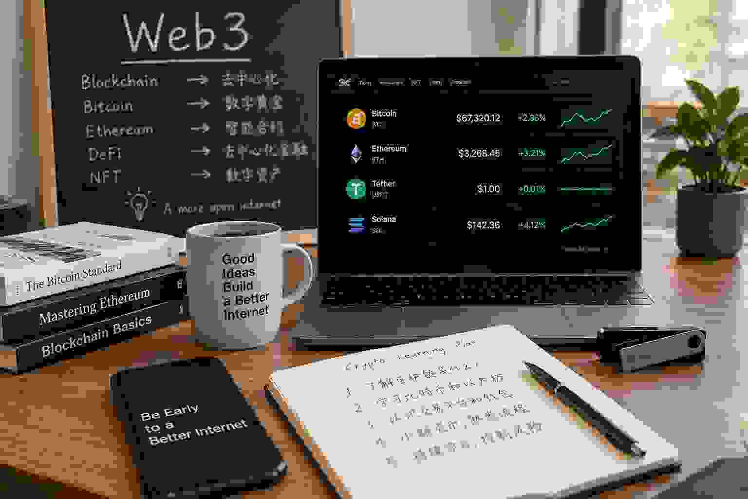 Web3入门学习桌面,电脑展示比特币、以太坊与稳定币行情,旁边放有区块链书籍和硬件钱包。 Web3入门学习桌面,电脑展示比特币、以太坊与稳定币行情,旁边放有区块链书籍和硬件钱包。