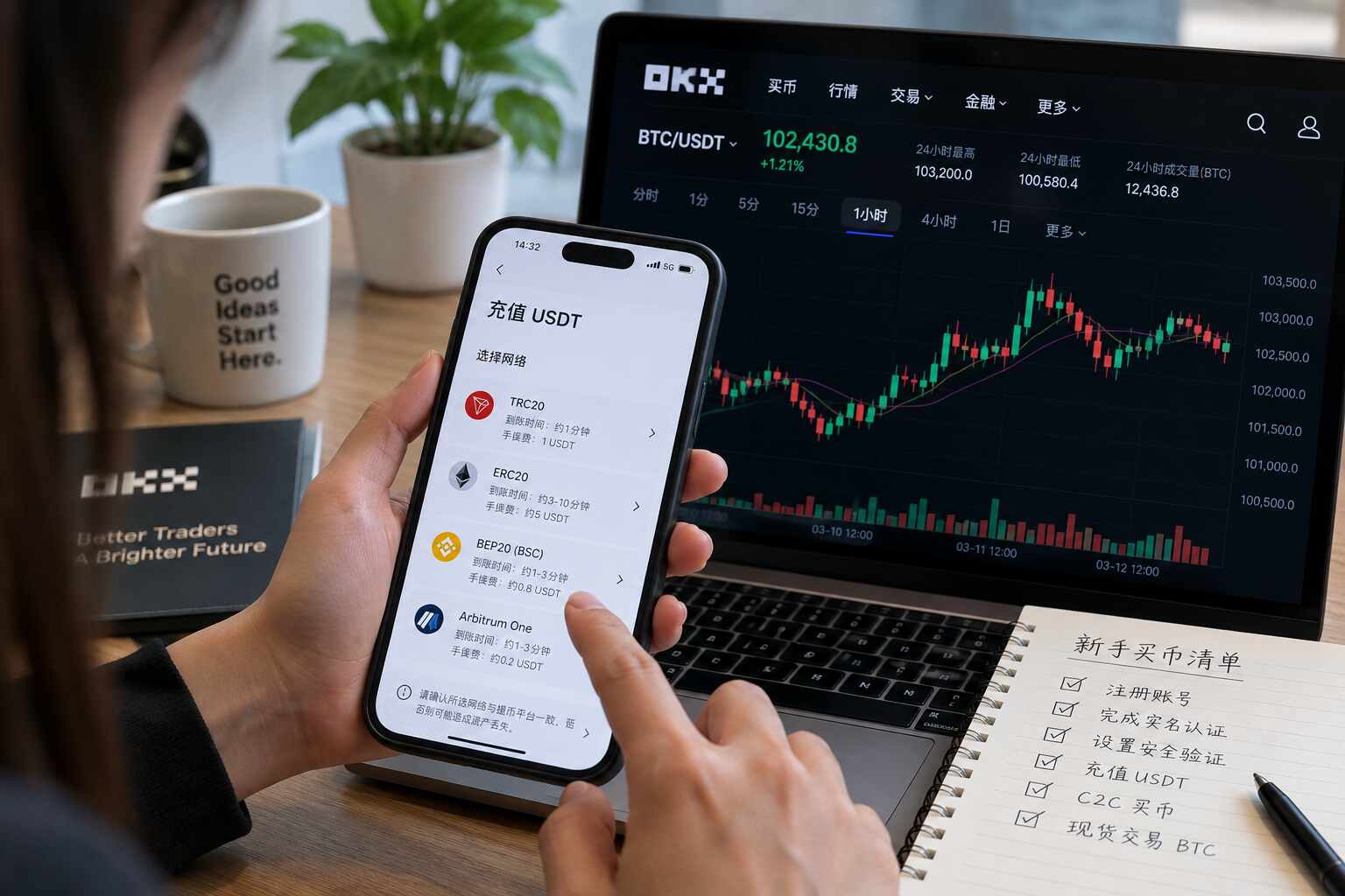 加密货币新手选择USDT充值网络,电脑展示BTC/USDT现货K线与交易界面。 加密货币新手选择USDT充值网络,电脑展示BTC/USDT现货K线与交易界面。